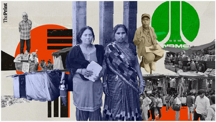 केंद्र में रेशमा (बाएं) और गीता (दाएं) सहित सरोजनी नगर मार्केट के वेंडर्स | चित्रण: मनीषा यादव/दिप्रिंट