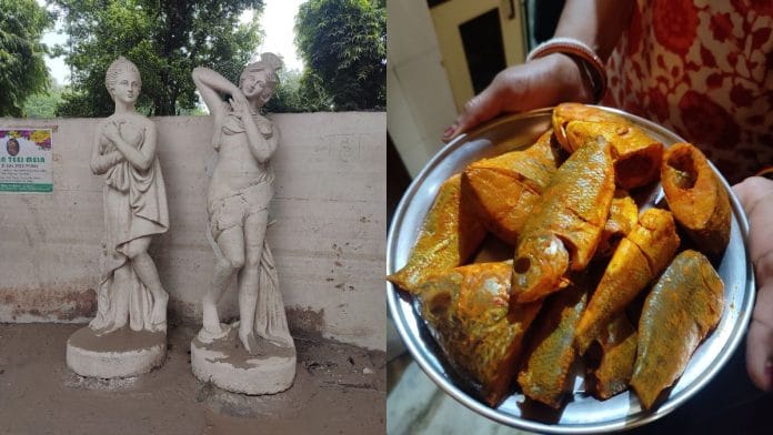 बाढ़ के पानी में खराब होने के बाद सड़के पर पड़ा सजावटी सामान और पानी में मिली मछलियां जिन्हें नमक मिर्च लगाकर पकाने के लिए रखा गया है | फोटो: फाल्गुनी शर्मा/दिप्रिंट