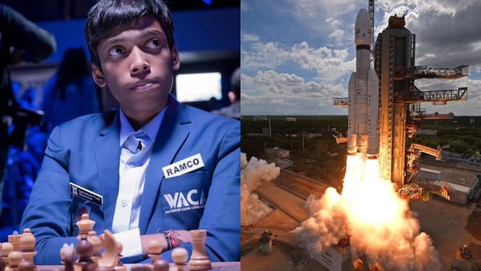 भारतीय ग्रैंडमास्टर आर प्रज्ञाननंदा (बाएं)/सोशल मीडिया | चंद्रयान-3 के साथ एलवीएम3 की लिफ्टिंग ऑफ (दाएं)/एक्स: @isro