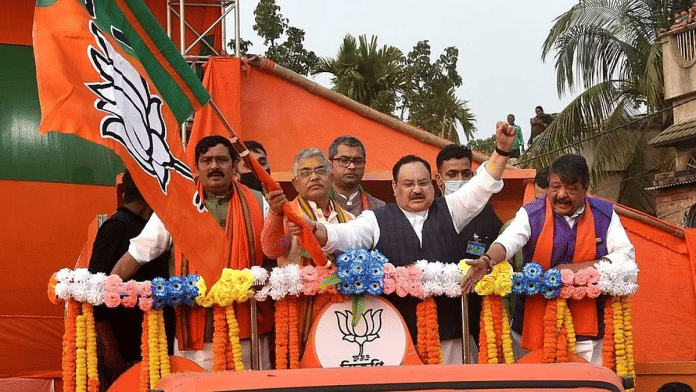 राजस्थान में परिवर्तन यात्रा के उद्घाटन के दौरान पार्टी नेताओं के साथ भाजपा अध्यक्ष जे.पी.नड्डा | फोटोः पीटीआई