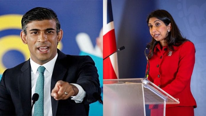 ब्रिटेन के प्रधानमंत्री ऋषि सुनक/फोटो: एएनआई | गृह मंत्री सुएला ब्रेवरमैन/एक्स: @SuellaBraverman