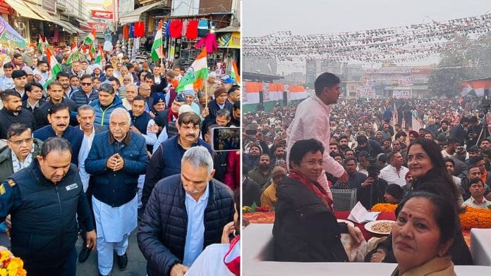 सोमवार को जींद में ‘घर-घर कांग्रेस’ यात्रा के शुभारंभ के दौरान भूपिंदर सिंह हुड्डा (बाएं); बुधवार को हिसार में ‘कांग्रेस संदेश यात्रा’ के शुभारंभ के दौरान कुमारी सैलजा और किरण चौधरी (दाएं) | फोटो: स्पेशल अरेंजमेंट