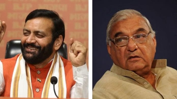 भाजपा के हरियाणा के मुख्यमंत्री नायब सिंह सैनी (बाएं) और कांग्रेस के पूर्व मुख्यमंत्री भूपेंद्र सिंह हुड्डा (दाएं) | दिप्रिंट/विकिमीडिया कॉमन्स