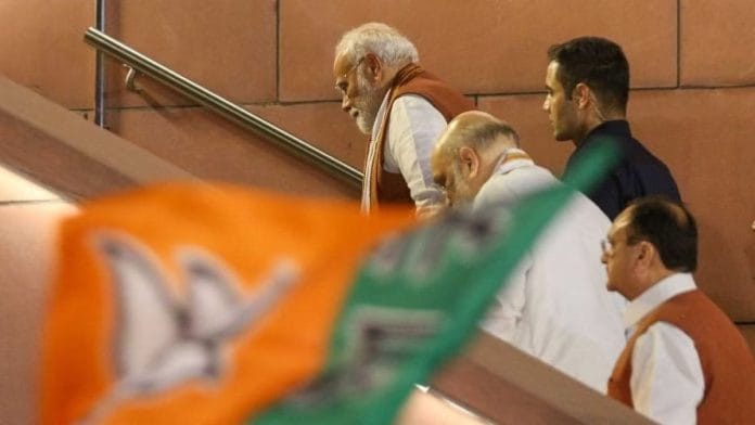 भाजपा मुख्यालय में प्रधानमंत्री नरेंद्र मोदी, अमित शाह और जेपी नड्डा | फोटो: सूरज सिंह बिष्ट/दिप्रिंट