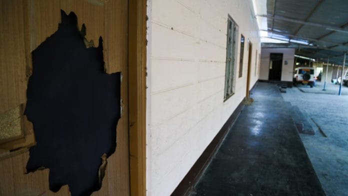 मणिपुर के हराऔरू में राष्ट्रीय स्वयंसेवक संघ (आरएसएस) के कार्यालय में तोड़फोड़ | फोटो: सूरज सिंह बिष्ट/दिप्रिंट