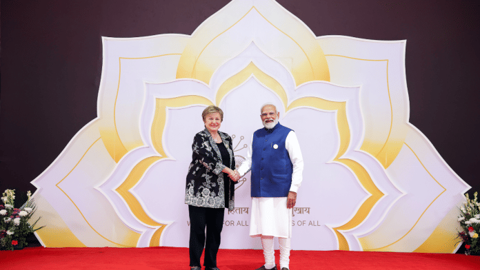 Prime Minister Narendra Modi welcomes IMF MD Kristalina Georgieva during the India AI Impact Summit 2026